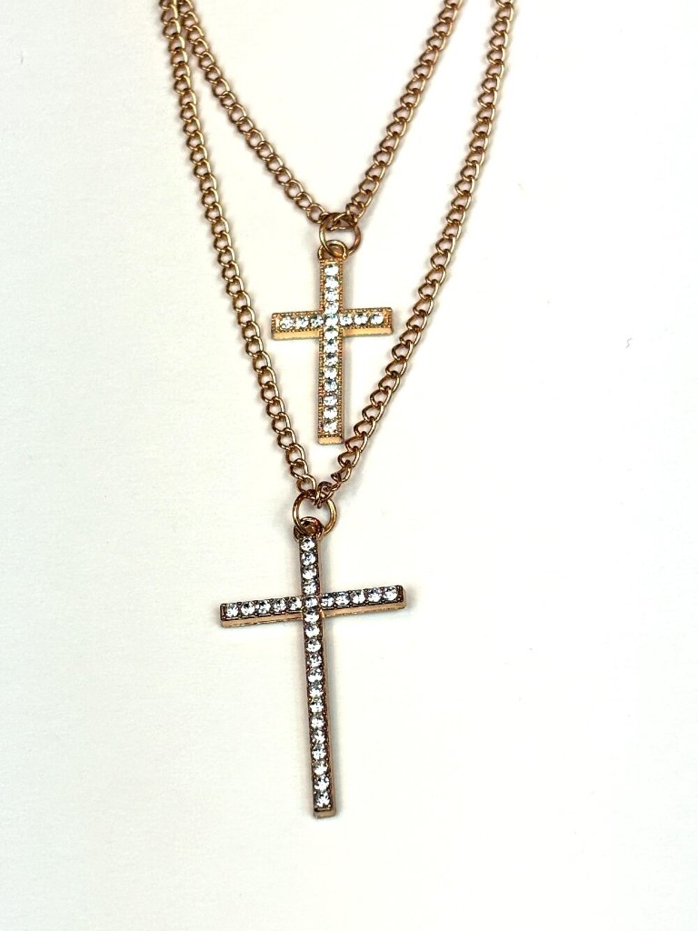Crystal Collection two rhinestone cross pendants double layered chain necklaces